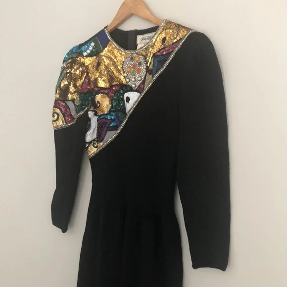 80s Saks Fifth Avenue Pat Sandler for Wellmore Sequin Beaded Dress M - Picture 6 of 16